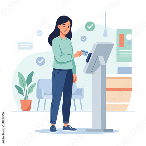 Woman Using Credit Card at Self-Service Kiosk for Payment or Information