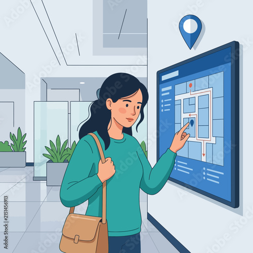 Woman Using Digital Interactive Map Display for Navigation Indoors, Flat Design Illustration