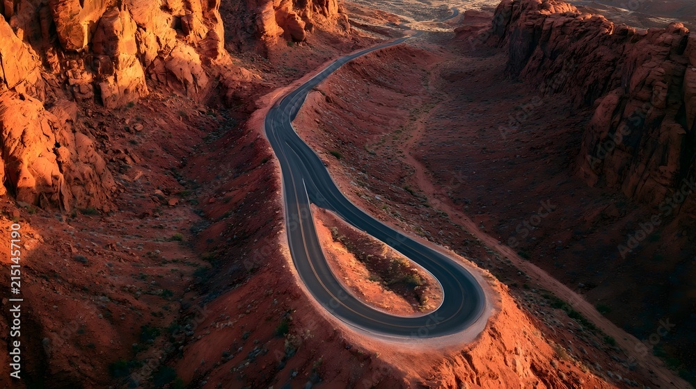Fototapeta premium Aerial view of winding desert road