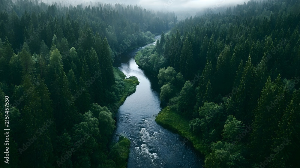 Fototapeta premium Aerial drone view of a meandering river through a dense pine forest under overcast light