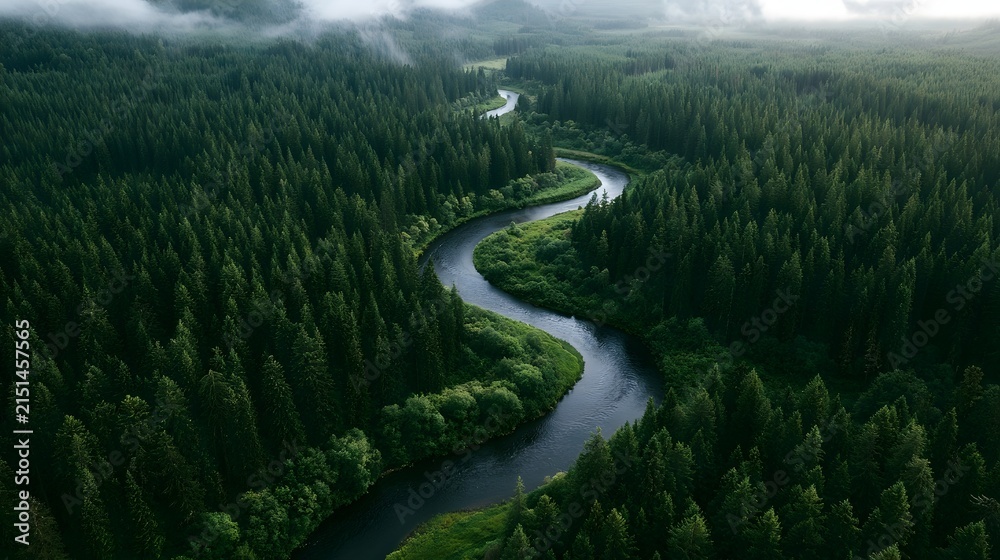Fototapeta premium Aerial drone view of a meandering river through a dense pine forest under overcast light