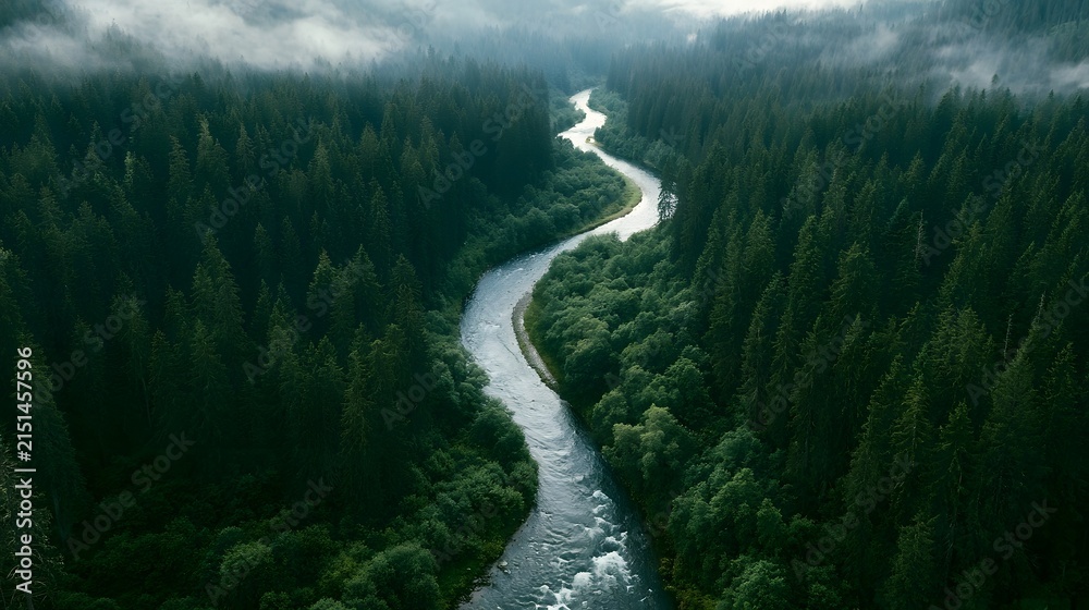 Fototapeta premium Aerial drone view of a meandering river through a dense pine forest under overcast light