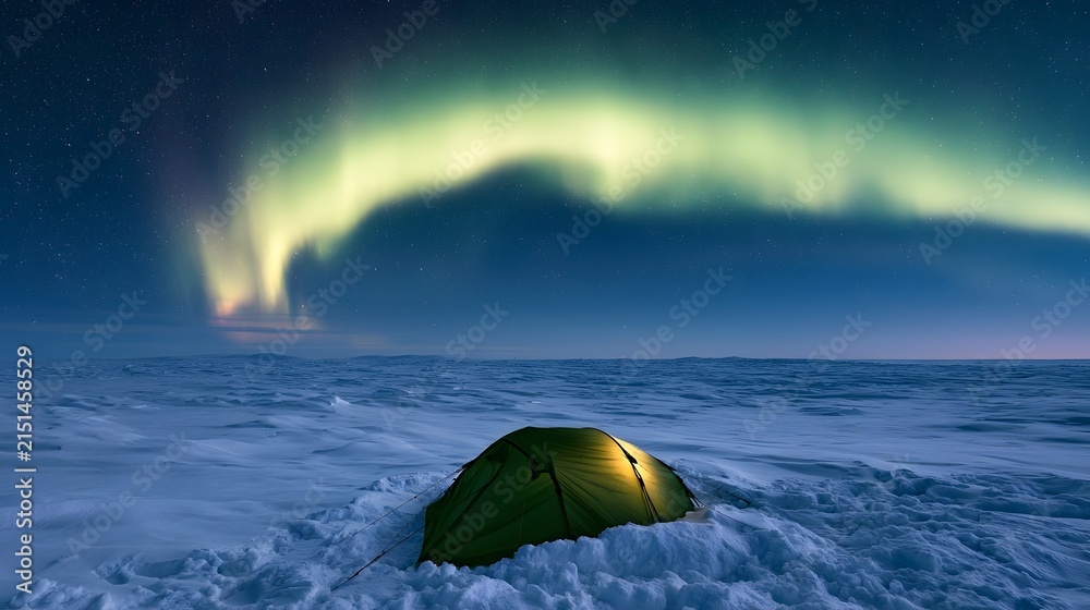 Fototapeta premium Glowing tent in snow covered tundra under aurora borealis