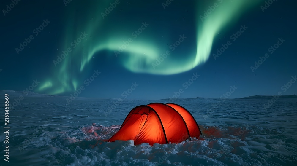 Fototapeta premium Glowing tent in snow covered tundra under aurora borealis