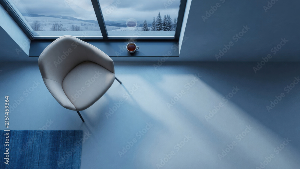 Fototapeta premium Modern chair minimal interior blue shadow winter window view serenity modern chair minimal interior blue shadow winter window view serenity mood Seasonal affective disorder winter blues concept