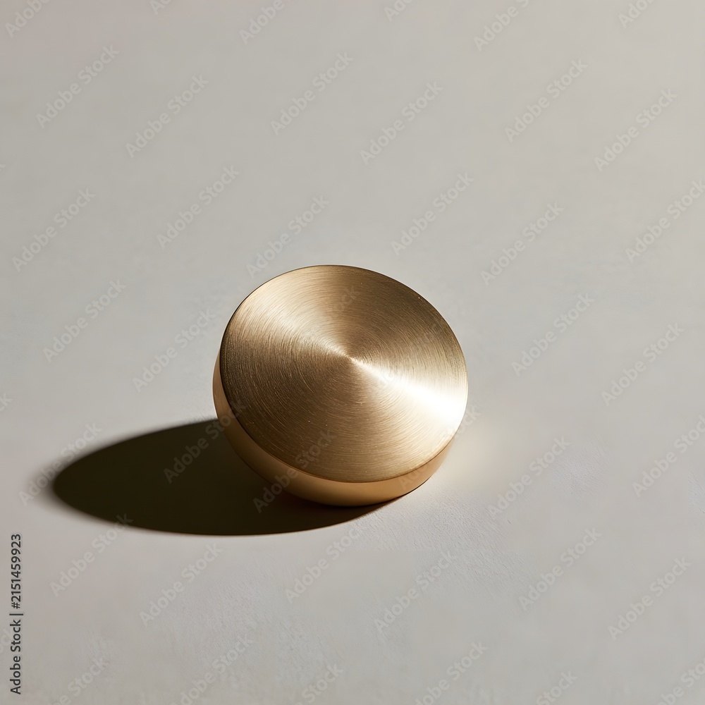 Fototapeta premium Single brass paperweight centered on a soft gray background with harsh diagonal shadow