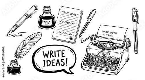 Hand Drawn Creative Writing Concept with Typewriter Fountain Pen and Notebook