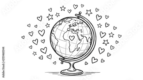 Hand Drawn Global Unity Illustration Featuring World Map Globe with Hearts and Stars Symbols of Love