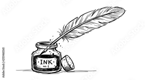 Hand Drawn Vintage Inkwell and Feather Quill Pen Sketch for Retro Literature and Calligraphy Design