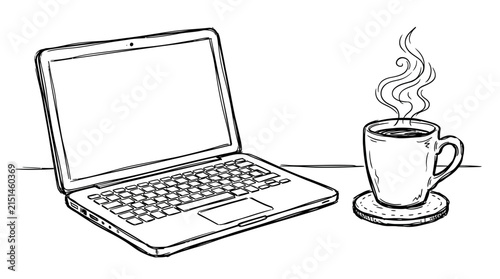 Hand drawn illustration of a laptop computer and steaming coffee cup for remote work and study