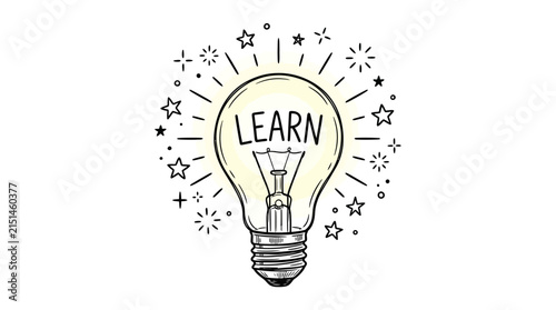 Hand-drawn light bulb illustration with learn text symbolizing education, knowledge, and creative ideas