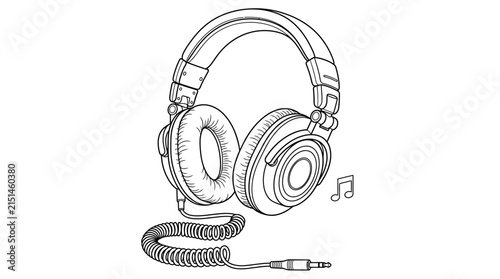 Minimalist Black Line Art Illustration of Professional Over-Ear Headphones with Coiled Cable for Music Listening