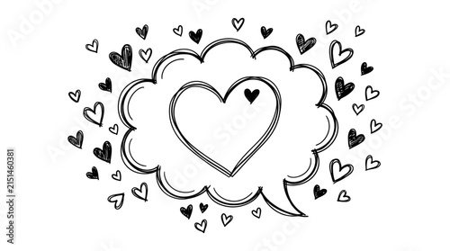 Minimalist Hand-Drawn Heart Inside a Thought Bubble with Floating Hearts Black Line Art Doodle