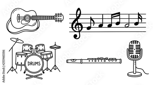 Hand Drawn Collection of Musical Instruments and Notes Featuring Guitar Drums Flute and Vintage Microphone