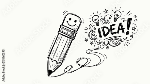 Creative Idea Concept with a Cute Smiley Pencil and Lightbulbs Hand Drawn Line Art