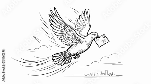 Hand drawn sketch of a white dove flying and carrying a letter in its beak over a city skyline