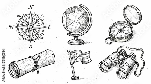 Vintage world geography and travel exploration equipment set in black line sketch style