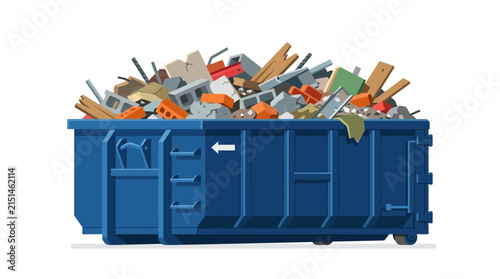 Blue Skip Bin with Construction Debris Vector Illustration