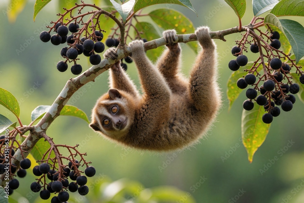 Fototapeta premium Small primate hangs upside down from tree branch near dark berries. Furry creature with large eyes grips limb, looking into distance. Wildlife in natural habitat on sunny day.