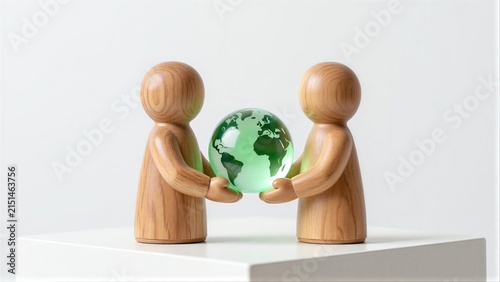 Two wooden figures jointly hold a green globe, symbolizing global unity and cooperation.