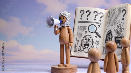 Wooden figure with foil hat shouts into megaphone, revealing mystery-filled book to audience.