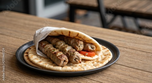 Grilled meat skewers in pita bread, tomato on plate, wood table background