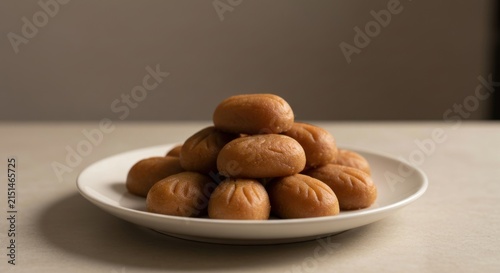 Pile of baked buns on a white plate, neutral tones, soft lighting