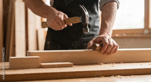 Close-up of hands hammering a wooden dowel