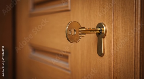 Golden key partially inserted in a wooden door's lock, close-up