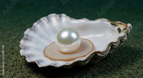 Gleaming pearl rests in an open seashell against a sandy backdrop