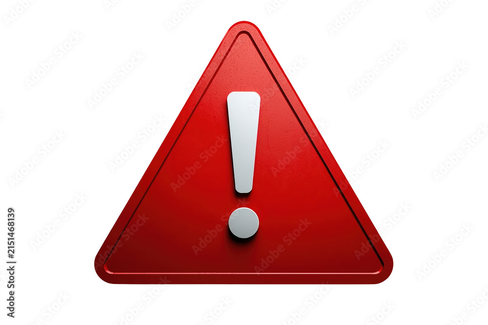 Naklejka premium Glossy red caution triangle with exclamation symbol isolated on transparent background