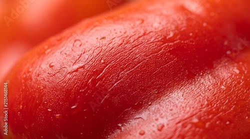 Extreme close-up of vibrant red vegetable skin with fresh water drops. Detailed organic macro texture.