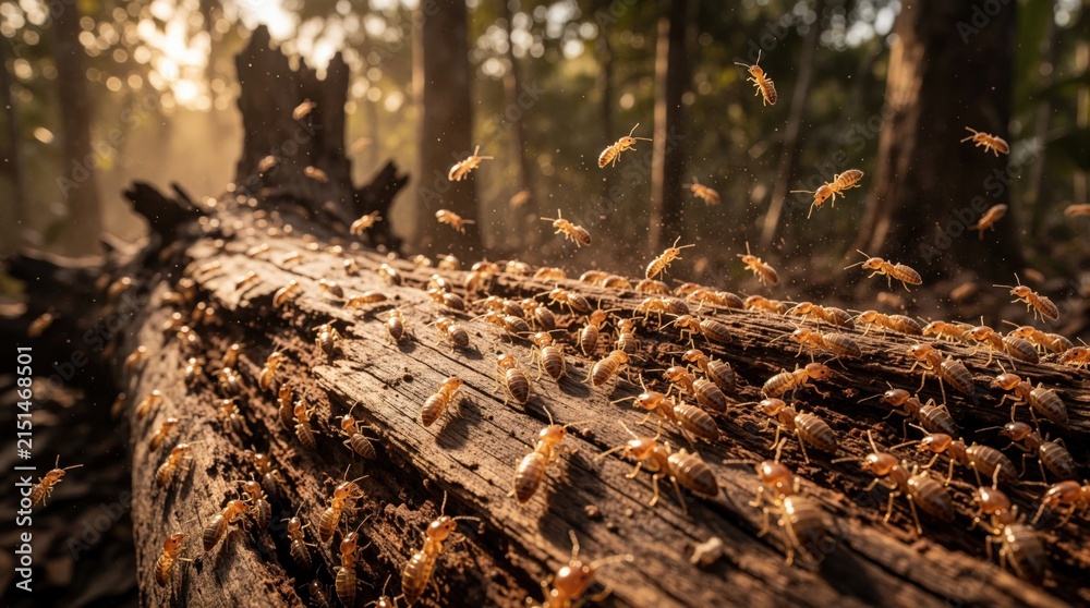 Obraz premium Termites swarm over fallen log in forest sunlight. Flying insects cover decaying wood texture. Many bugs crawl on dead tree trunk. Macro view shows insect colony.