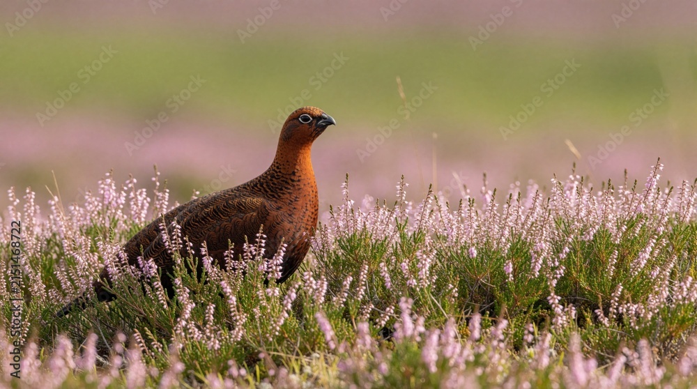 Obraz premium Red grouse bird stands in pink heather field. Wild bird among blooming heather plants in natural habitat. Close up of wildlife in outdoor environment.