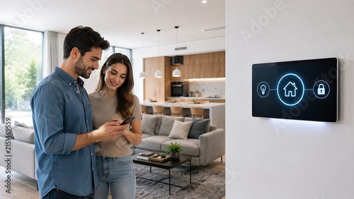 Young couple using smartphone to control smart home system with wallmounted digital interface in modern living room