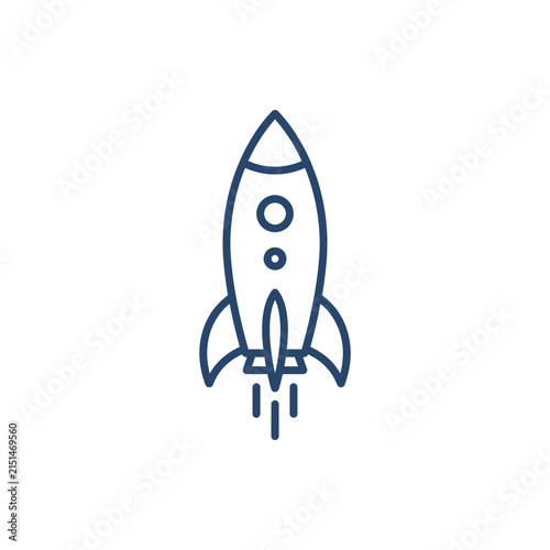 Blue outline rocket ship launching upwards with exhaust trails.