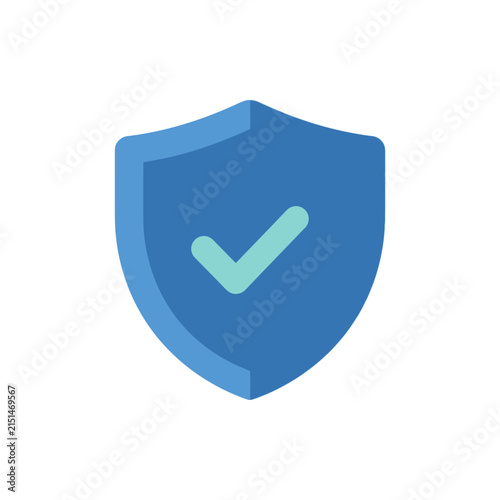 Blue security shield icon with green check mark.