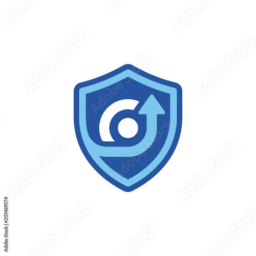 Blue shield logo with circular arrow symbol.