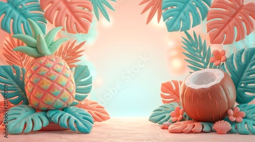 Vibrant tropical arrangement with pineapple and coconut