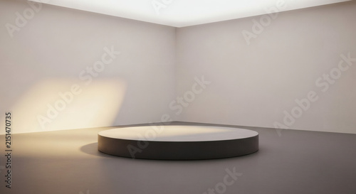 Empty Minimalist Studio Interior with Round Podium for Product Display and Warm Sunlight Shadow
