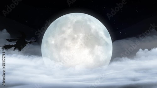 Halloween Full Moon Witch Flight Clouds 4K Loop features a silhouette of a witch flying on her broom across a full moon with rolling clouds in a loop.