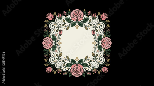 Vintage Square Floral Frame with Pink Roses and Green Leaves on Black Background; Elegant Ornate Filigree Border Design for Wedding Invitations, Greeting Cards, and Romantic Themes.