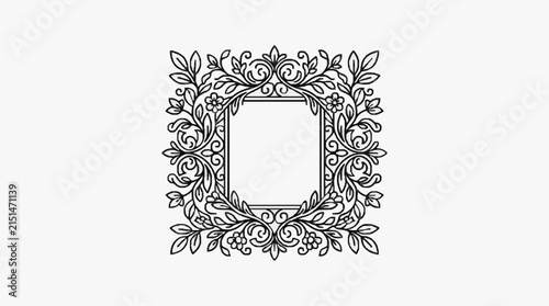Symmetrical ornate black line art floral frame featuring decorative scrollwork, leaves, and small blossoms surrounding a central rectangular cutout, isolated on a plain white background.
