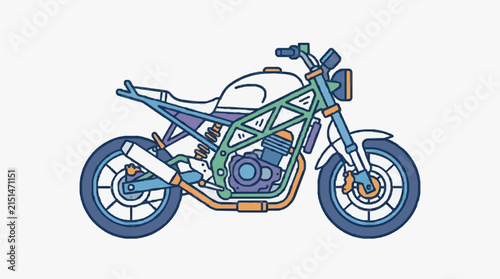 Flat vector illustration of a naked sport motorcycle with a green trellis frame, white fuel tank, blue wheels, and exposed engine components, isolated on a white background.