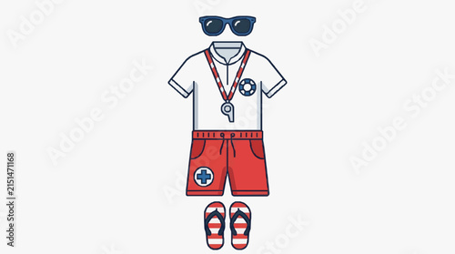Vector illustration of a professional lifeguard uniform set featuring a white polo shirt, red swimming trunks with first aid cross, whistle, dark sunglasses, and striped flip-flops.