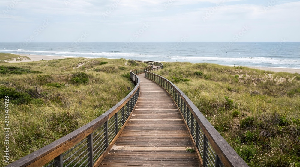 Obraz premium Wooden Boardwalk Through Coastal Sand Dunes to Ocean Horizon, Serene Travel Destination and Nature Background