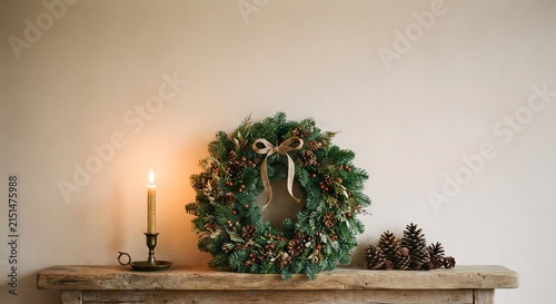 Christmas Wreath with Pinecones and Candle on Rustic Mantel, Minimalist Holiday Background for Seasonal Greeting Card