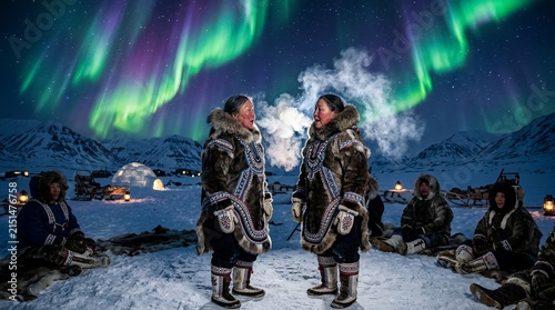 Indigenous people standing under the Aurora Borealis in snow.