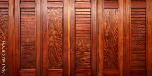 Elegant classic reddish brown wooden wall panel texture background with vertical frames and shutters