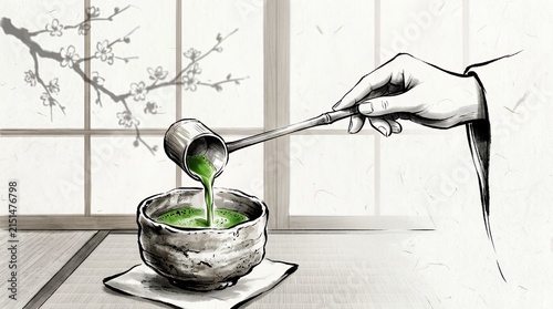 Ink drawing of Japanese matcha tea ceremony pouring.